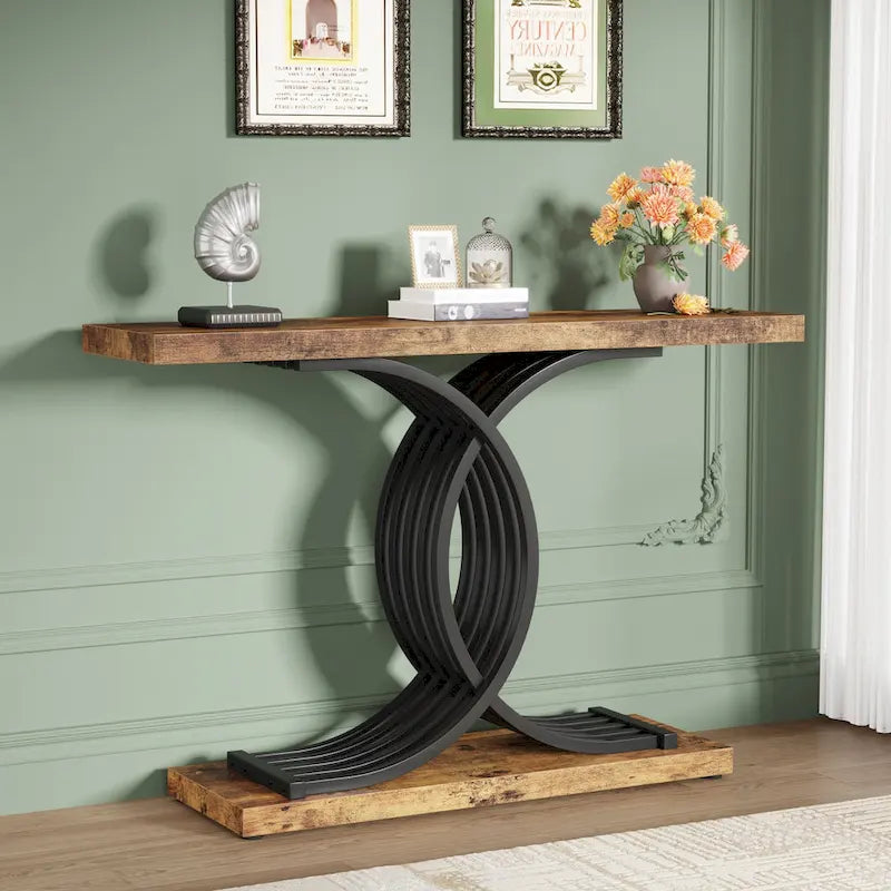 Table console moderne noire/dorée avec plateau en faux marbre, table d'entrée en bois de 99 cm avec pieds géométriques en métal pour vestibule