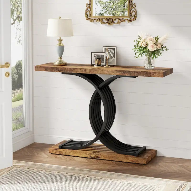 Table console moderne noire/dorée avec plateau en faux marbre, table d'entrée en bois de 99 cm avec pieds géométriques en métal pour vestibule