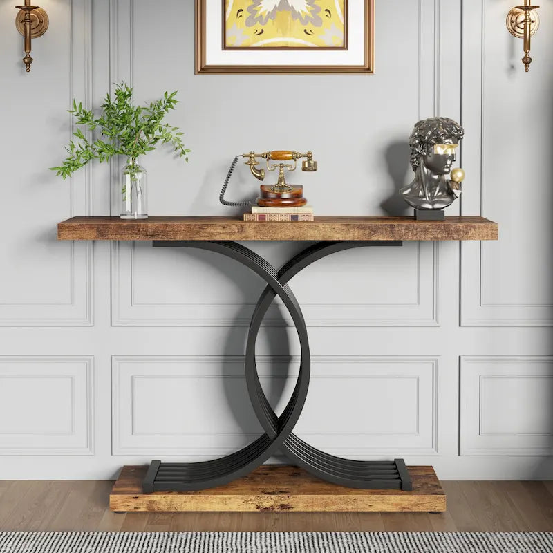 Table console moderne noire/dorée avec plateau en faux marbre, table d'entrée en bois de 99 cm avec pieds géométriques en métal pour vestibule