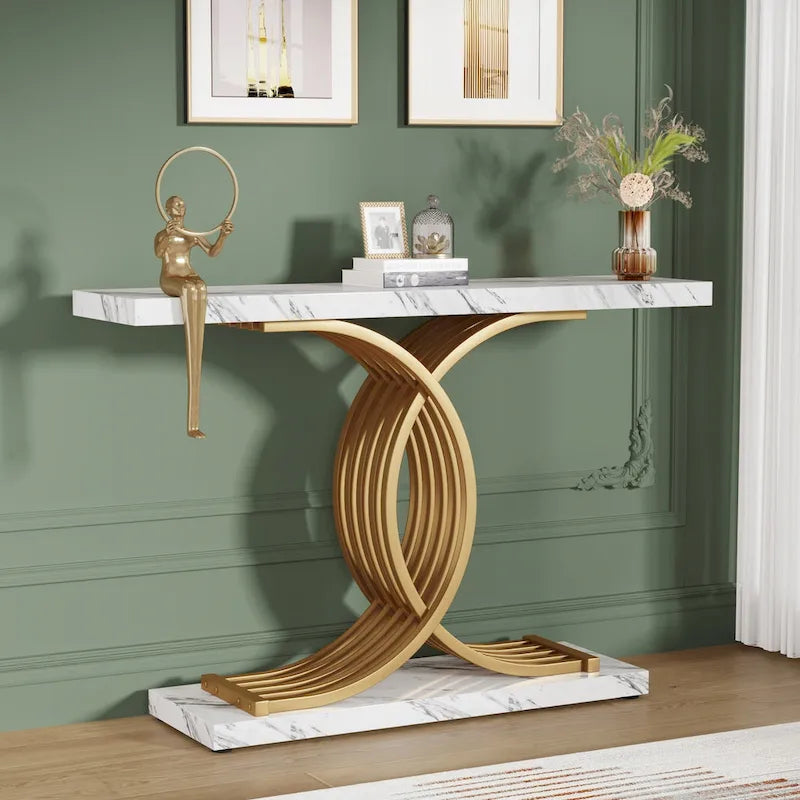 Table console moderne noire/dorée avec plateau en faux marbre, table d'entrée en bois de 99 cm avec pieds géométriques en métal pour vestibule