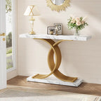 Table console moderne noire/dorée avec plateau en faux marbre, table d'entrée en bois de 99 cm avec pieds géométriques en métal pour vestibule
