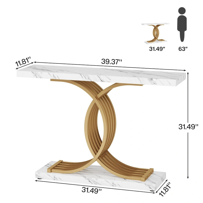 Table console moderne noire/dorée avec plateau en faux marbre, table d'entrée en bois de 99 cm avec pieds géométriques en métal pour vestibule