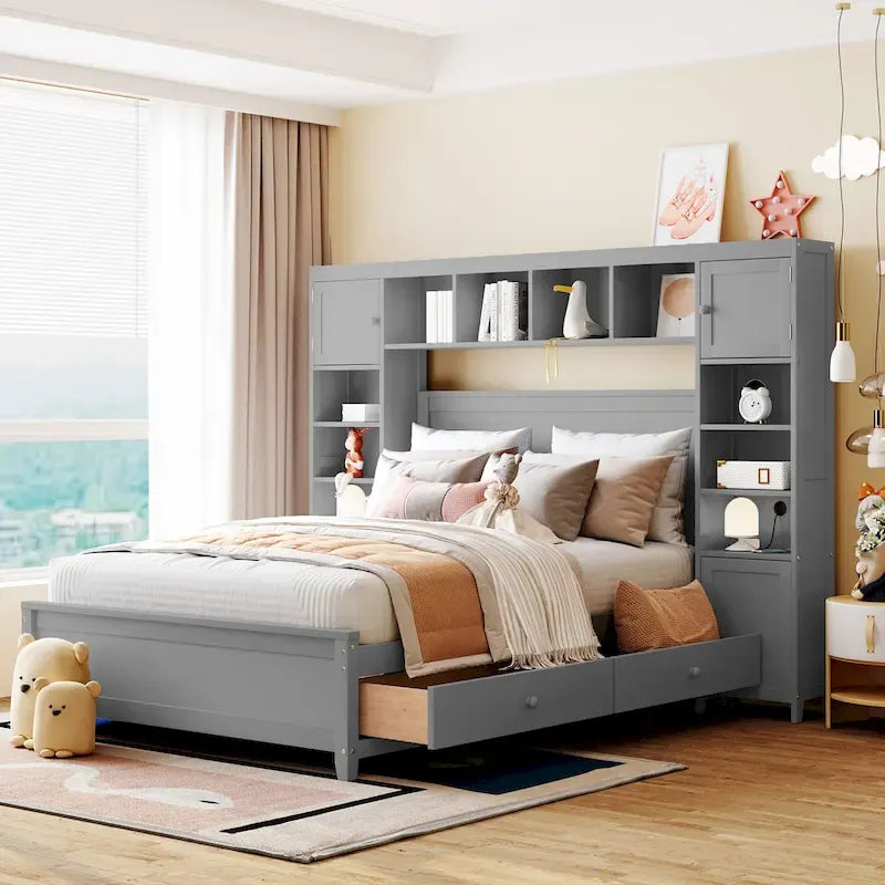 Lit double en bois gris avec armoire de rangement intégrée, étagère et tiroirs, ports USB