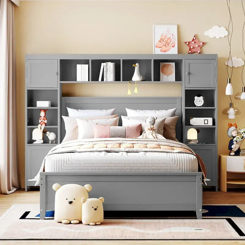 Lit double en bois gris avec armoire de rangement intégrée, étagère et tiroirs, ports USB