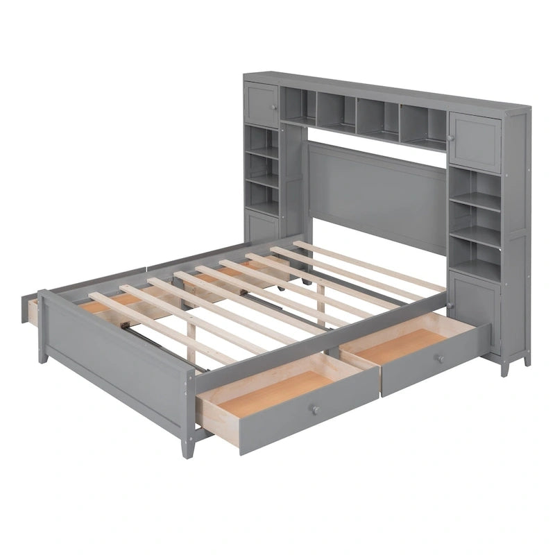 Lit double en bois gris avec armoire de rangement intégrée, étagère et tiroirs, ports USB
