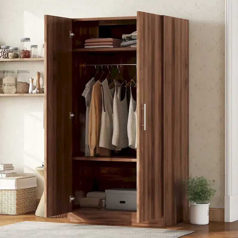 31,5 Armoire rustique à 2 portes en bois avec tringle à vêtements et 3 étagères de rangement pour chambre à coucher