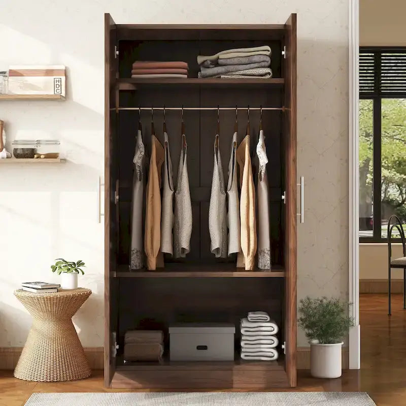 31,5 Armoire rustique à 2 portes en bois avec tringle à vêtements et 3 étagères de rangement pour chambre à coucher