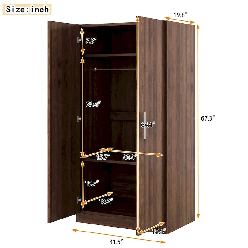 31,5 Armoire rustique à 2 portes en bois avec tringle à vêtements et 3 étagères de rangement pour chambre à coucher