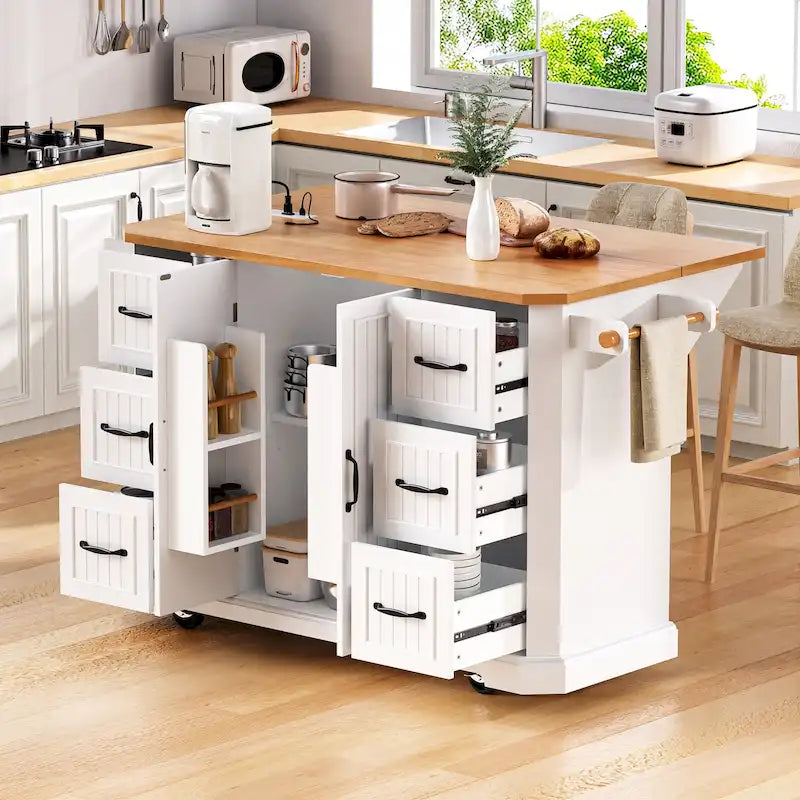 Îlot de cuisine extensible à abattants, chariot de cuisine à 4 roues avec prise de courant, table îlot mobile avec 2 portes et 6 tiroirs