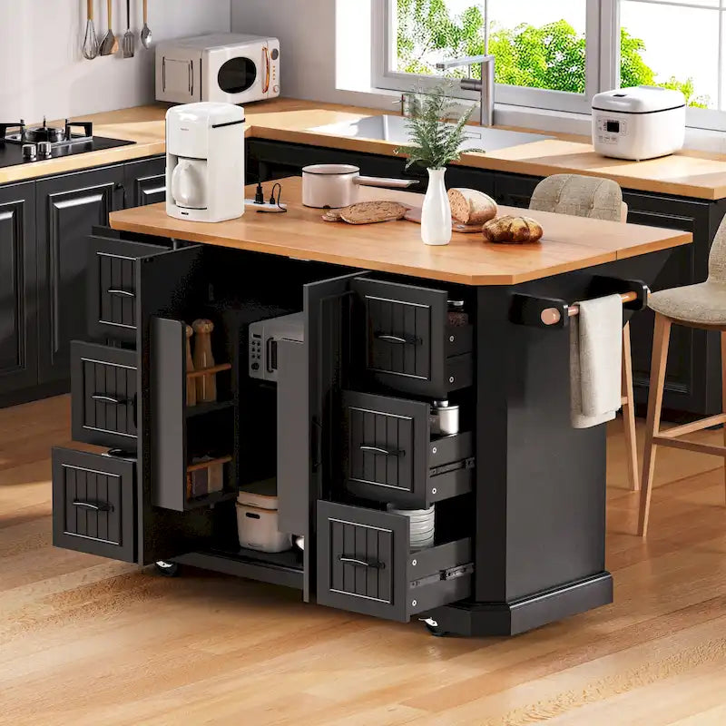 Îlot de cuisine extensible à abattants, chariot de cuisine à 4 roues avec prise de courant, table îlot mobile avec 2 portes et 6 tiroirs