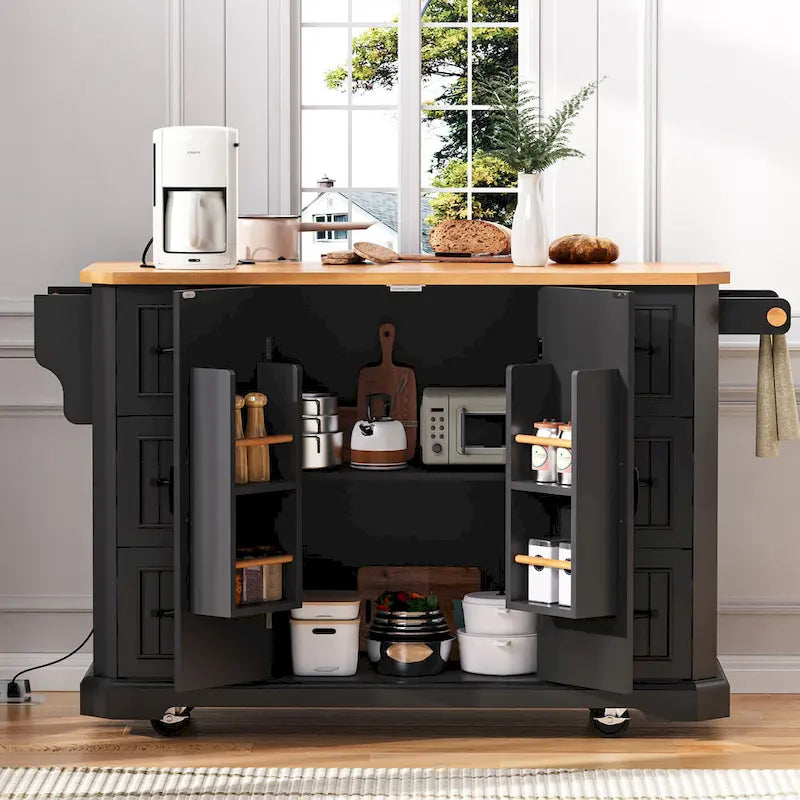 Îlot de cuisine extensible à abattants, chariot de cuisine à 4 roues avec prise de courant, table îlot mobile avec 2 portes et 6 tiroirs