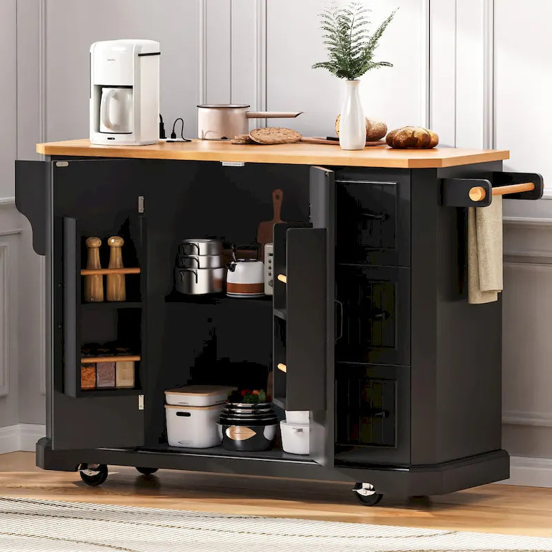 Îlot de cuisine extensible à abattants, chariot de cuisine à 4 roues avec prise de courant, table îlot mobile avec 2 portes et 6 tiroirs