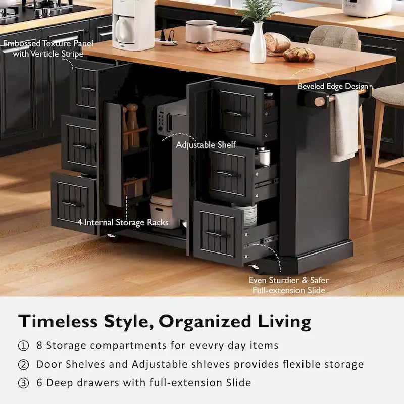 Îlot de cuisine extensible à abattants, chariot de cuisine à 4 roues avec prise de courant, table îlot mobile avec 2 portes et 6 tiroirs