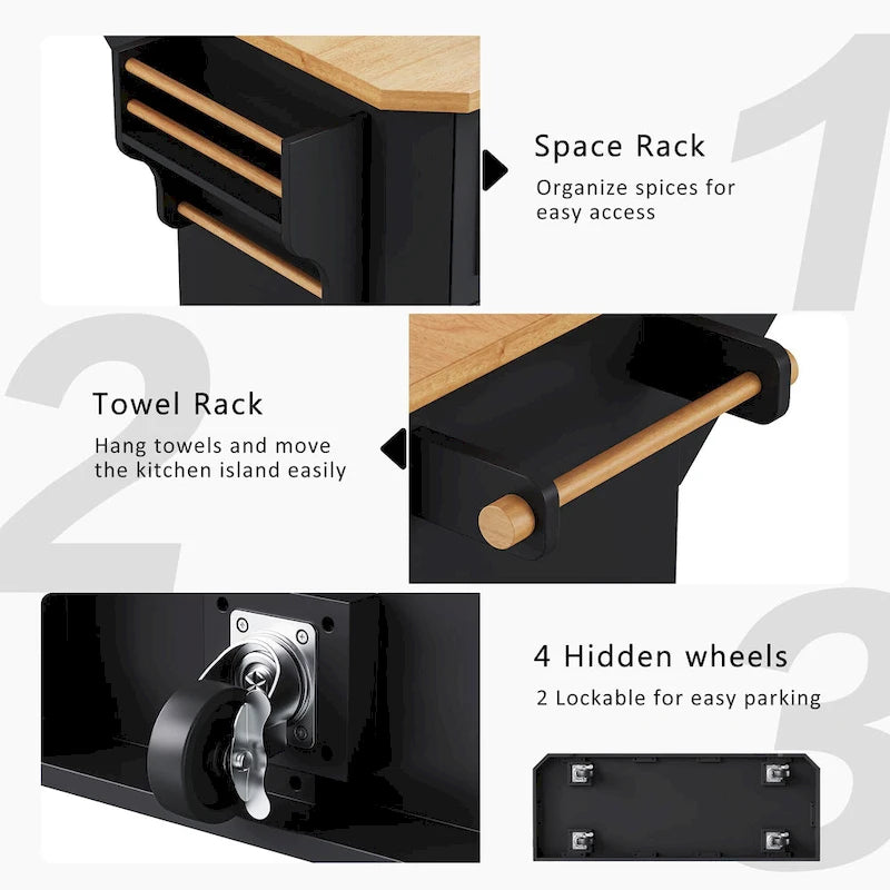 Îlot de cuisine extensible à abattants, chariot de cuisine à 4 roues avec prise de courant, table îlot mobile avec 2 portes et 6 tiroirs