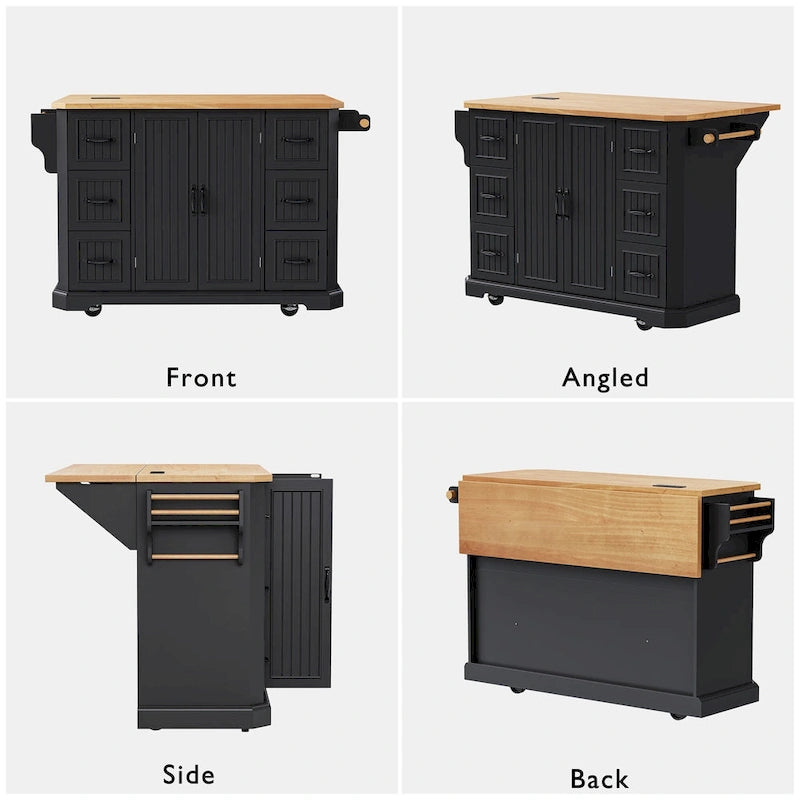 Îlot de cuisine extensible à abattants, chariot de cuisine à 4 roues avec prise de courant, table îlot mobile avec 2 portes et 6 tiroirs