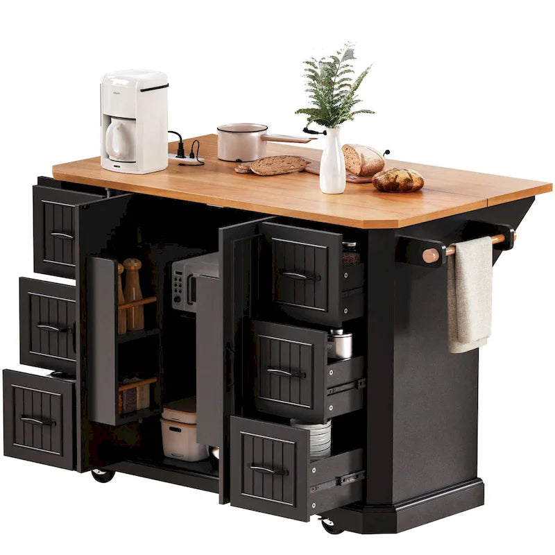Îlot de cuisine extensible à abattants, chariot de cuisine à 4 roues avec prise de courant, table îlot mobile avec 2 portes et 6 tiroirs