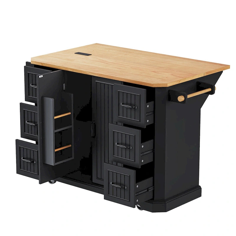 Îlot de cuisine extensible à abattants, chariot de cuisine à 4 roues avec prise de courant, table îlot mobile avec 2 portes et 6 tiroirs