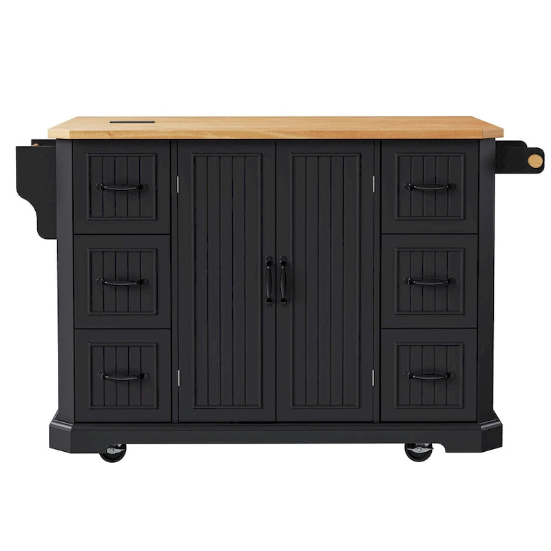 Îlot de cuisine extensible à abattants, chariot de cuisine à 4 roues avec prise de courant, table îlot mobile avec 2 portes et 6 tiroirs