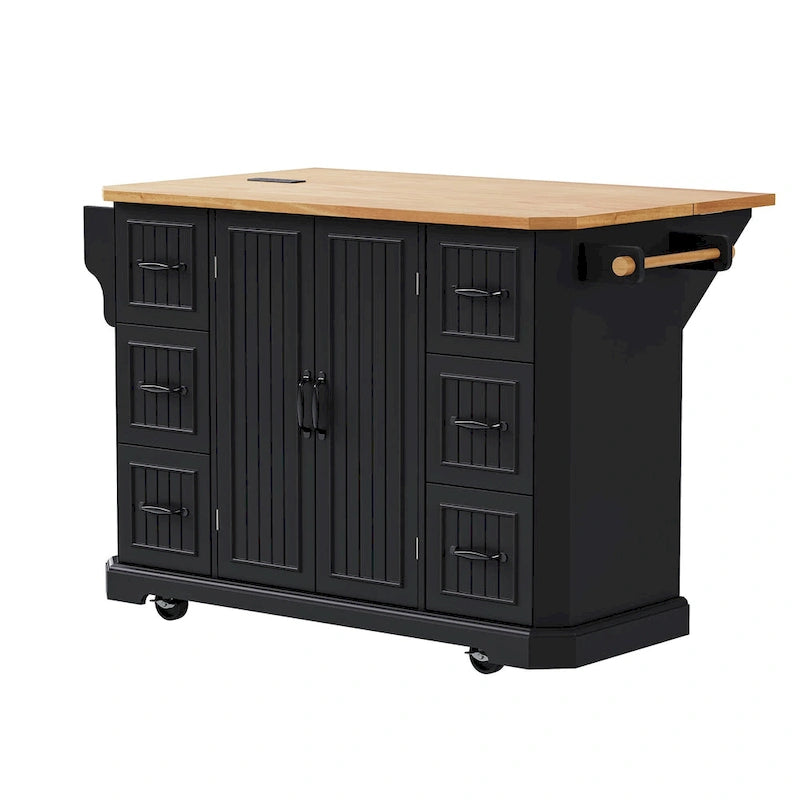 Îlot de cuisine extensible à abattants, chariot de cuisine à 4 roues avec prise de courant, table îlot mobile avec 2 portes et 6 tiroirs