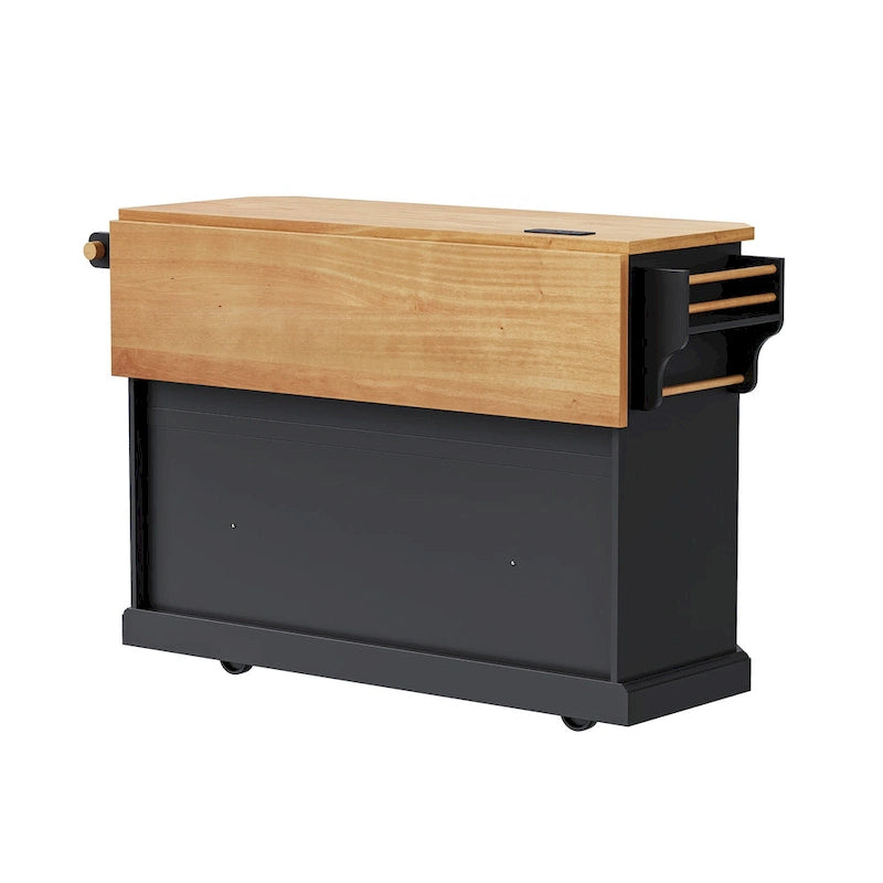 Îlot de cuisine extensible à abattants, chariot de cuisine à 4 roues avec prise de courant, table îlot mobile avec 2 portes et 6 tiroirs
