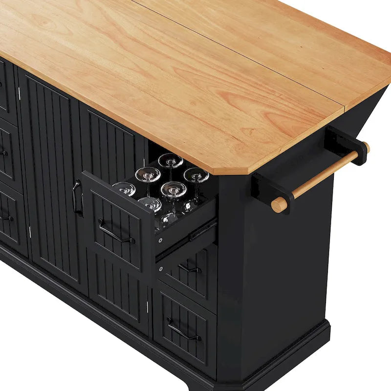 Îlot de cuisine extensible à abattants, chariot de cuisine à 4 roues avec prise de courant, table îlot mobile avec 2 portes et 6 tiroirs