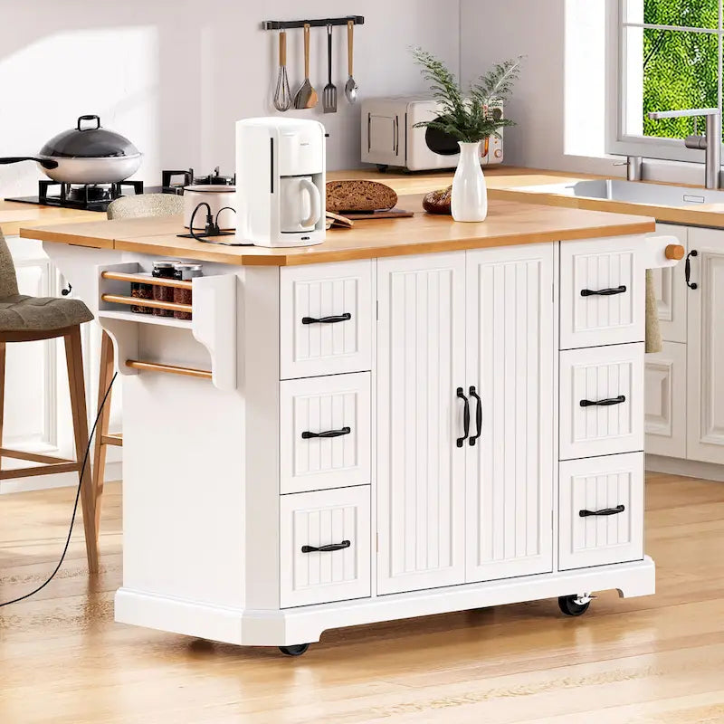 Îlot de cuisine extensible à abattants, chariot de cuisine à 4 roues avec prise de courant, table îlot mobile avec 2 portes et 6 tiroirs