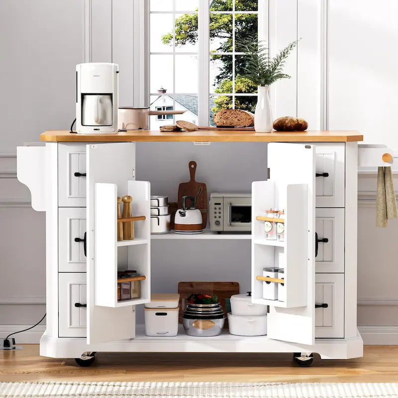 Îlot de cuisine extensible à abattants, chariot de cuisine à 4 roues avec prise de courant, table îlot mobile avec 2 portes et 6 tiroirs