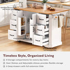 Îlot de cuisine extensible à abattants, chariot de cuisine à 4 roues avec prise de courant, table îlot mobile avec 2 portes et 6 tiroirs