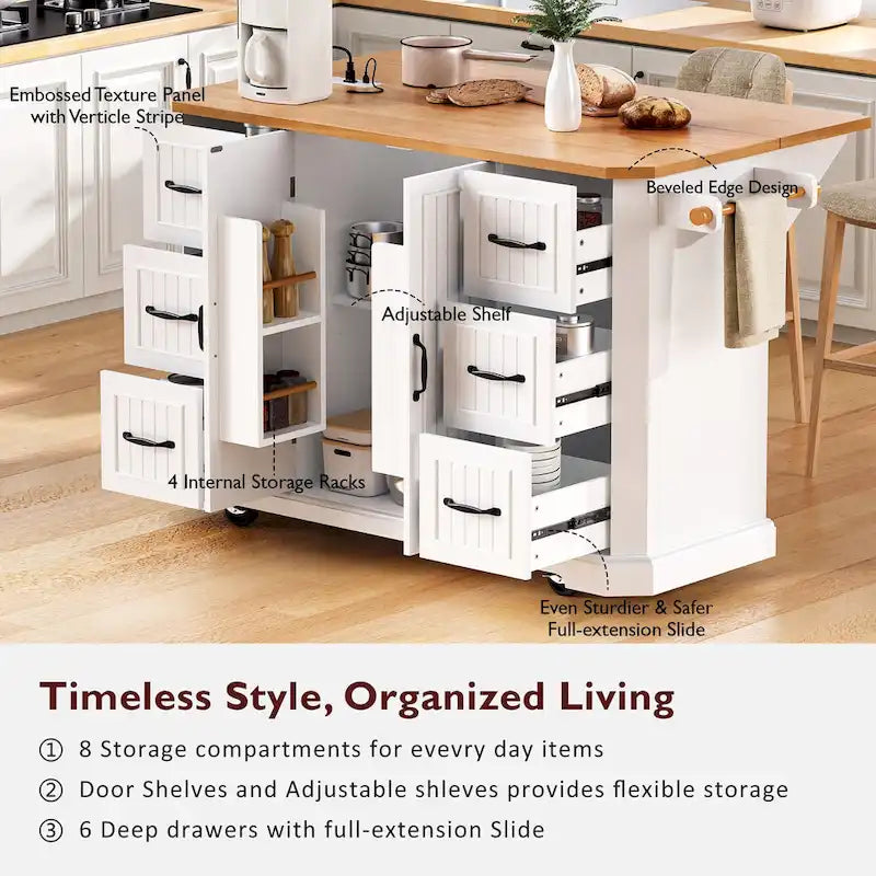 Îlot de cuisine extensible à abattants, chariot de cuisine à 4 roues avec prise de courant, table îlot mobile avec 2 portes et 6 tiroirs