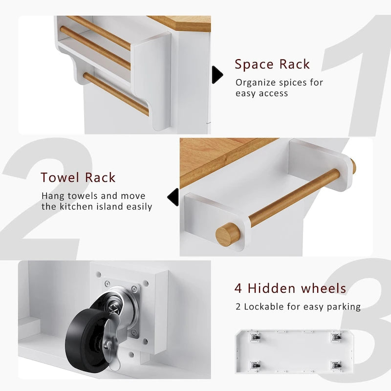 Îlot de cuisine extensible à abattants, chariot de cuisine à 4 roues avec prise de courant, table îlot mobile avec 2 portes et 6 tiroirs