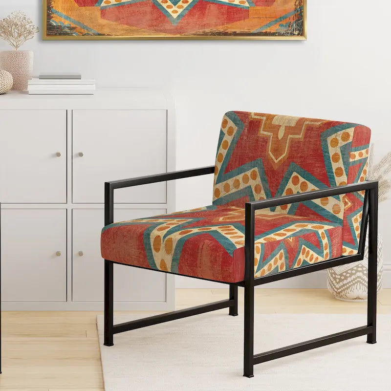 Fauteuil d'appoint bohème chic rembourré - Collage de carreaux orange - Fauteuil