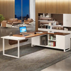 Bureau d'angle avec classeur | Blanc/Noir/Gris/Beige | 2 personnes