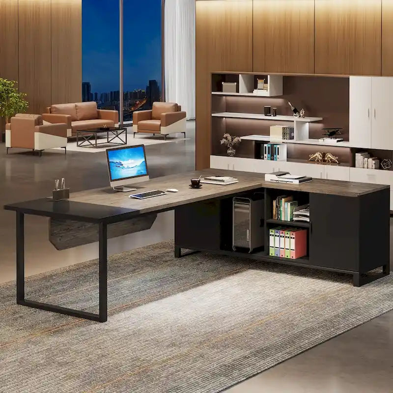 Bureau d'angle avec classeur | Blanc/Noir/Gris/Beige | 2 personnes