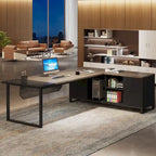 Bureau d'angle avec classeur | Blanc/Noir/Gris/Beige | 2 personnes