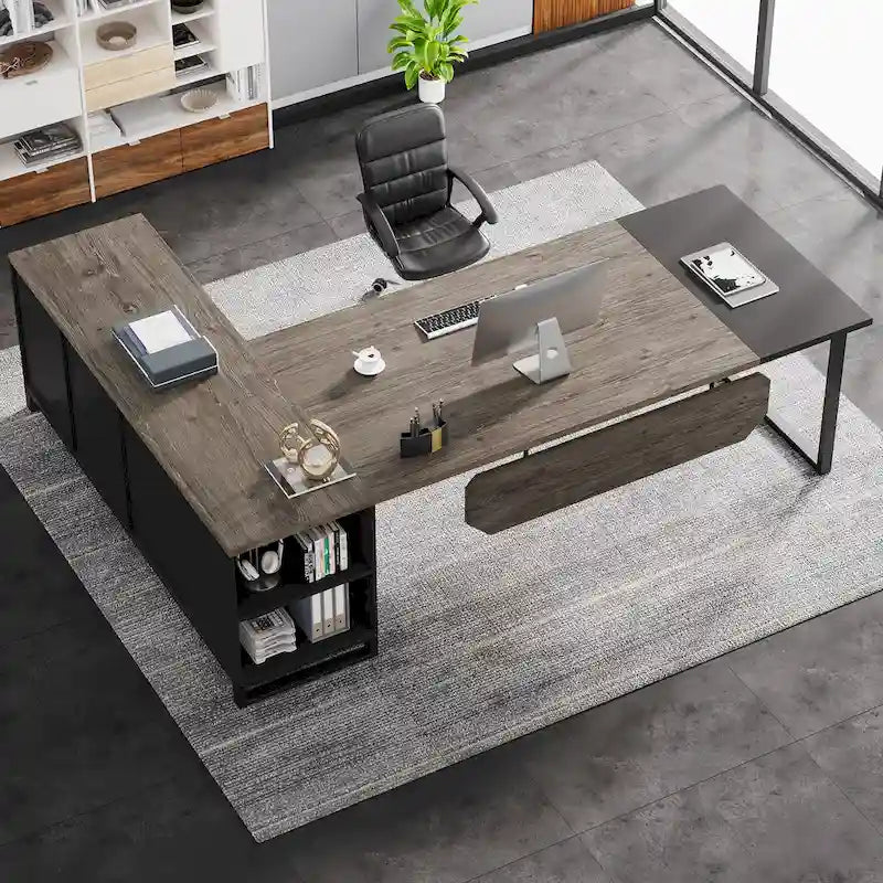 Bureau d'angle avec classeur | Blanc/Noir/Gris/Beige | 2 personnes