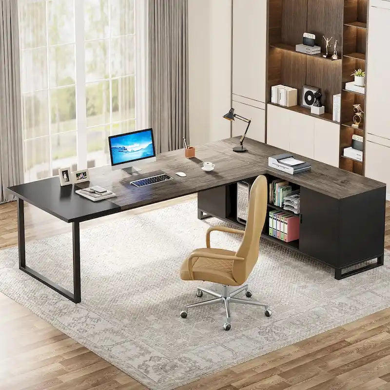 Bureau d'angle avec classeur | Blanc/Noir/Gris/Beige | 2 personnes