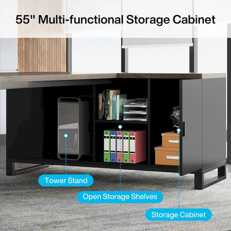 Bureau d'angle avec classeur | Blanc/Noir/Gris/Beige | 2 personnes