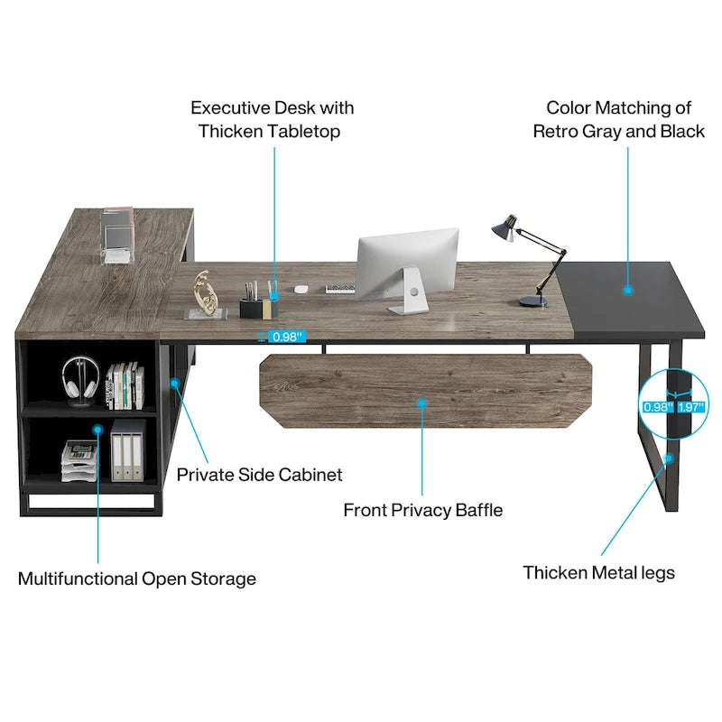 Bureau d'angle avec classeur | Blanc/Noir/Gris/Beige | 2 personnes