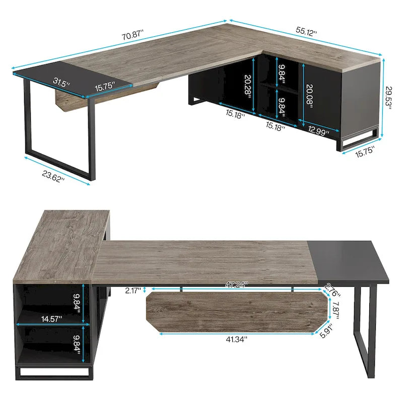 Bureau d'angle avec classeur | Blanc/Noir/Gris/Beige | 2 personnes