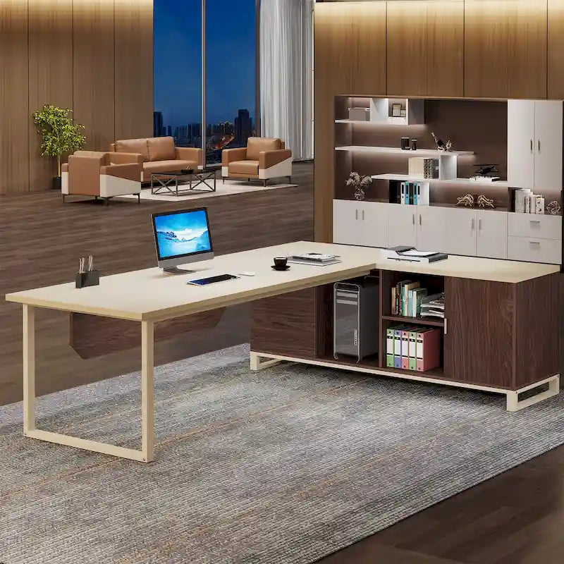 Bureau d'angle avec classeur | Blanc/Noir/Gris/Beige | 2 personnes