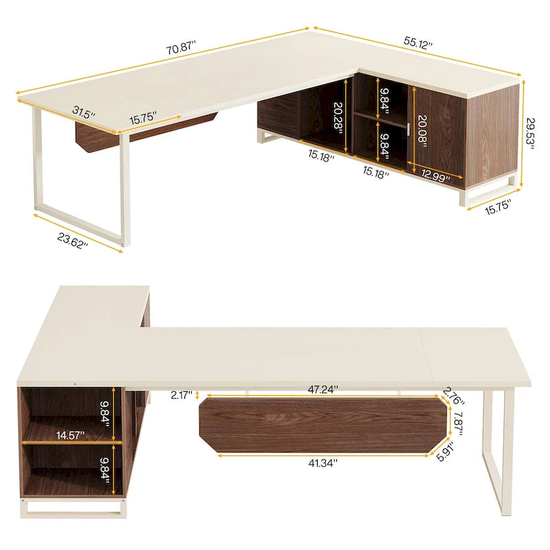 Bureau d'angle avec classeur | Blanc/Noir/Gris/Beige | 2 personnes
