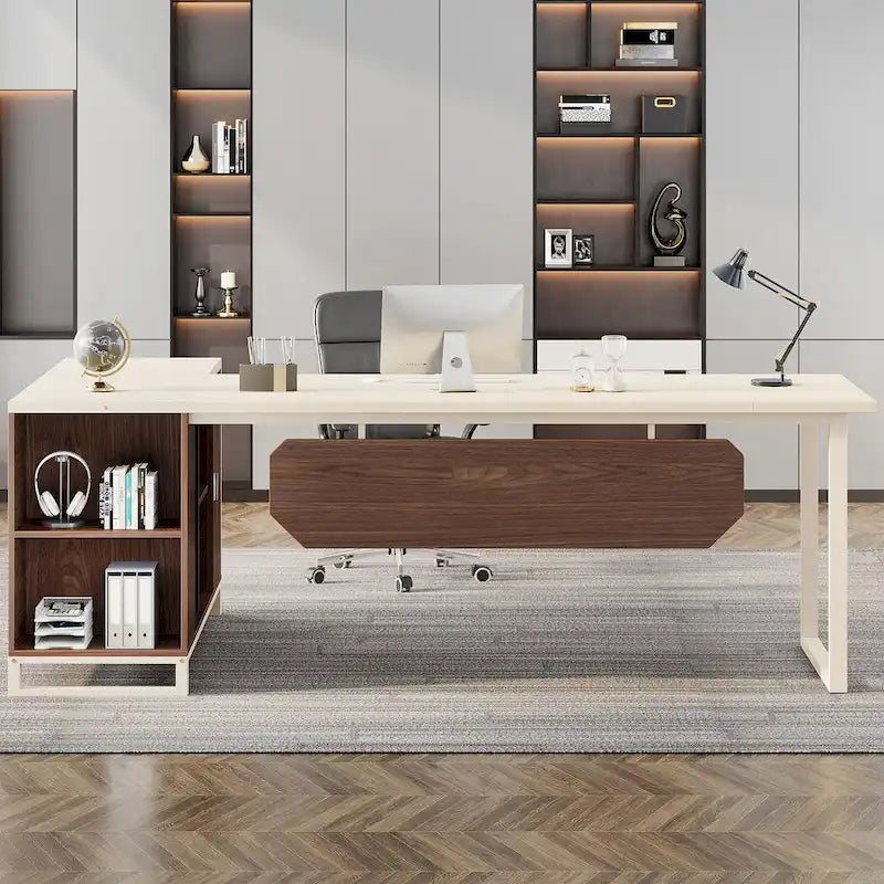 Bureau d'angle avec classeur | Blanc/Noir/Gris/Beige | 2 personnes
