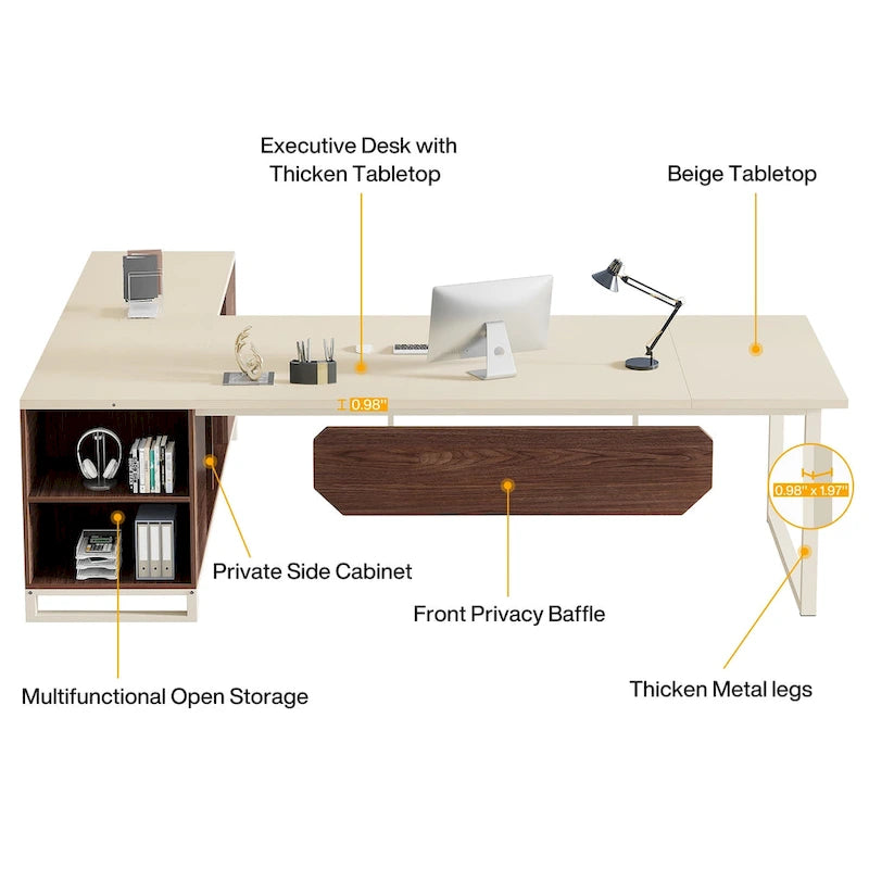 Bureau d'angle avec classeur | Blanc/Noir/Gris/Beige | 2 personnes