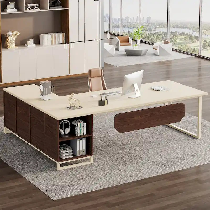 Bureau d'angle avec classeur | Blanc/Noir/Gris/Beige | 2 personnes
