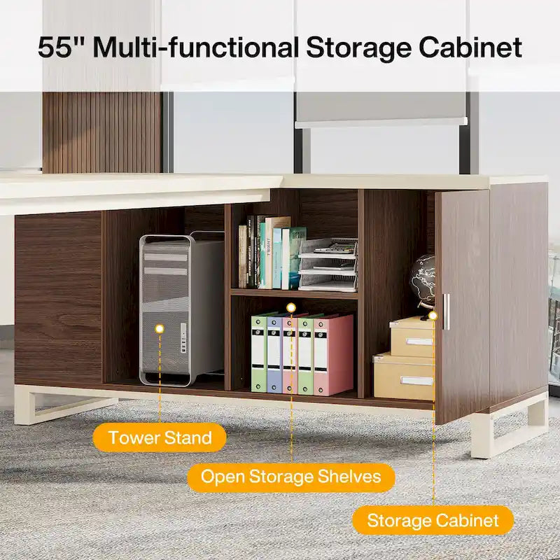 Bureau d'angle avec classeur | Blanc/Noir/Gris/Beige | 2 personnes