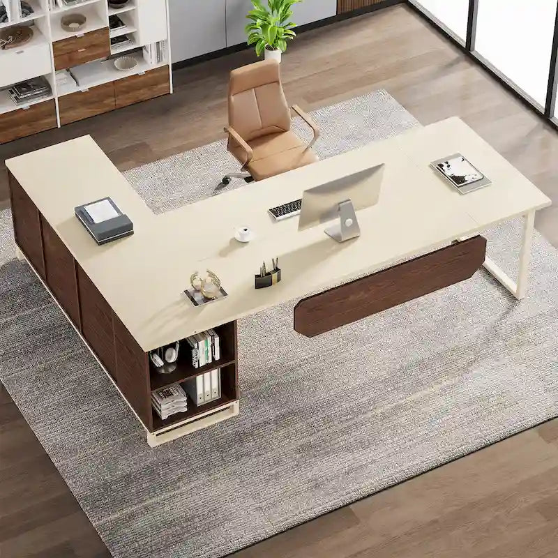 Bureau d'angle avec classeur | Blanc/Noir/Gris/Beige | 2 personnes
