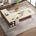 Bureau d'angle avec classeur | Blanc/Noir/Gris/Beige | 2 personnes