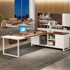 Bureau d'angle avec classeur | Blanc/Noir/Gris/Beige | 2 personnes