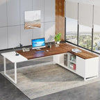 Bureau d'angle avec classeur | Blanc/Noir/Gris/Beige | 2 personnes