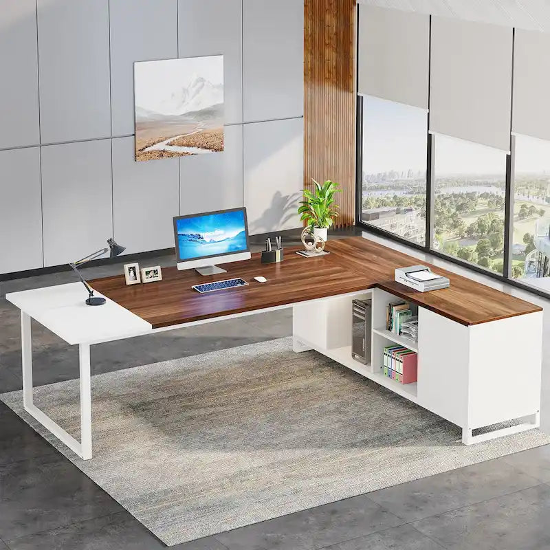 Bureau d'angle avec classeur | Blanc/Noir/Gris/Beige | 2 personnes
